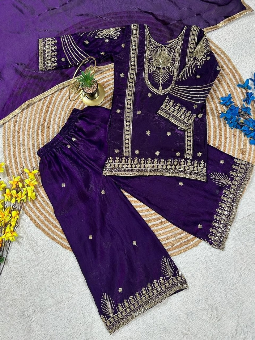 Evanik Purple Embroidered Sequence Work Fendy Silk Kids Kurta Set | Grocsy