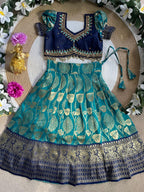 Evanik Teal Blue Pure Silk Zari With Heavy Maggam Work Lehenga Choli for Kids | Grocsy