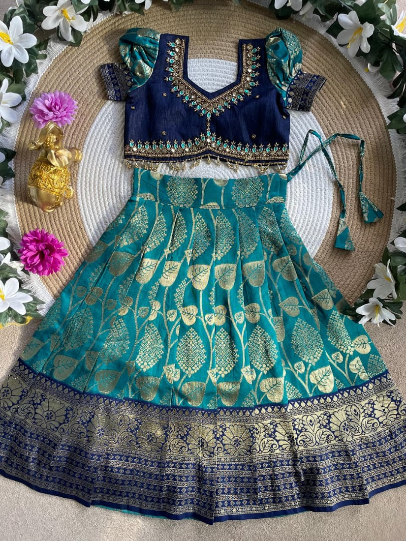 Evanik Teal Blue Pure Silk Zari With Heavy Maggam Work Lehenga Choli for Kids | Grocsy