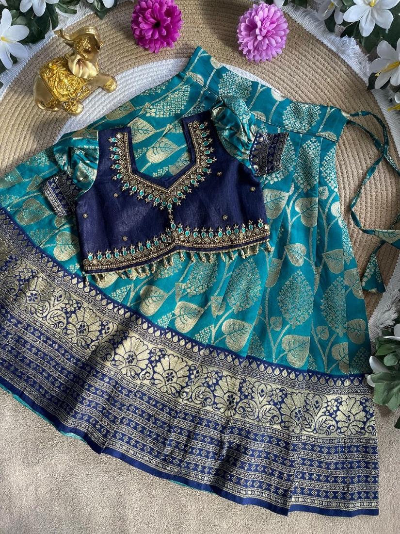 Evanik Teal Blue Pure Silk Zari With Heavy Maggam Work Lehenga Choli for Kids | Grocsy