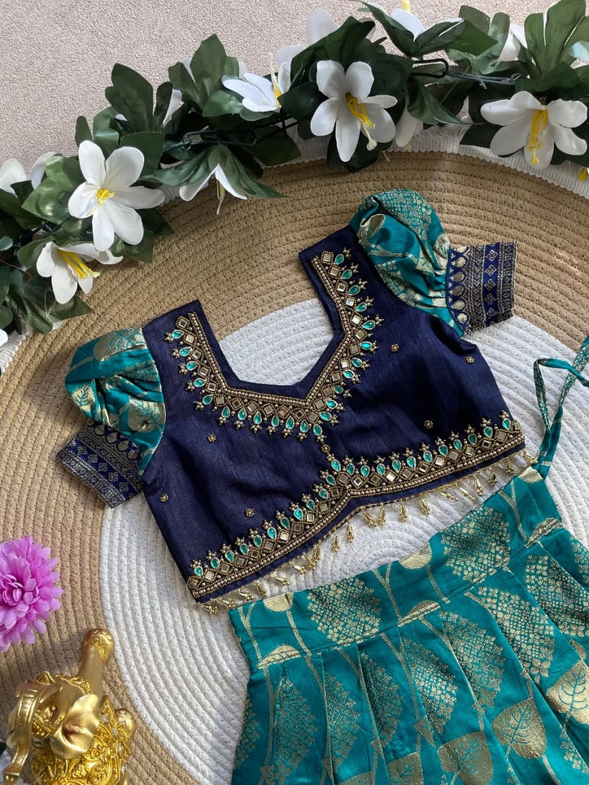 Evanik Teal Blue Pure Silk Zari With Heavy Maggam Work Lehenga Choli for Kids | Grocsy