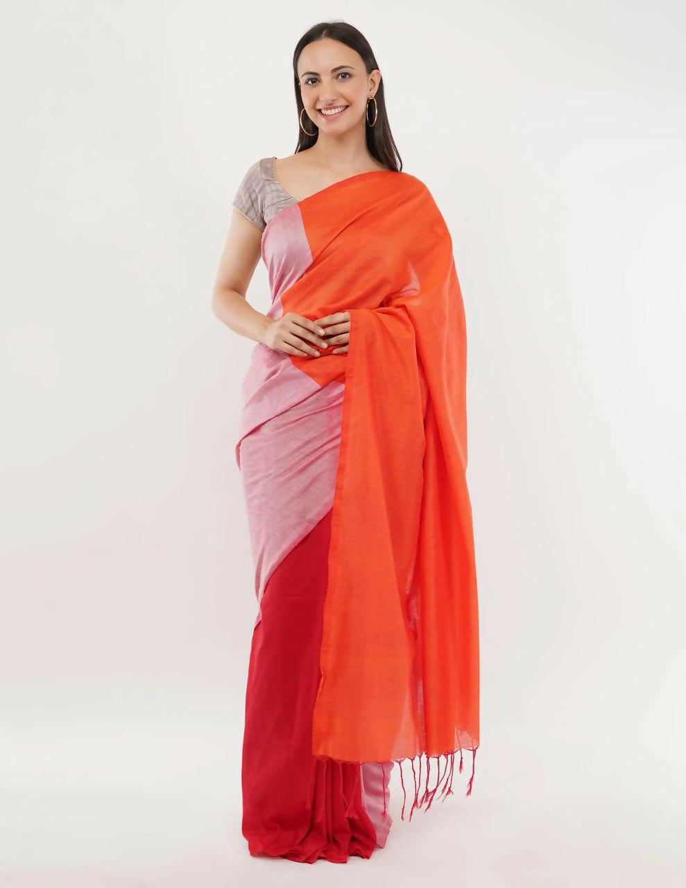 Exclusive Collection Beautiful Khadi Cotton Orange Light Pink Red Handloom Saree | Grocsy