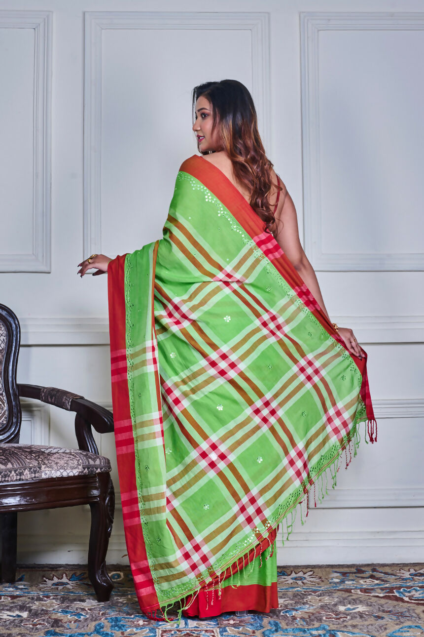 Morchari Green Cotton Handloom Mirror Work Saree Unstitched Blouse | Grocsy