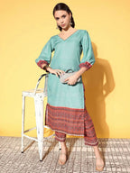 Ahalyaa Women's Teal Cotton Blend Digital Printed Kurta Pant Set | Grocsy