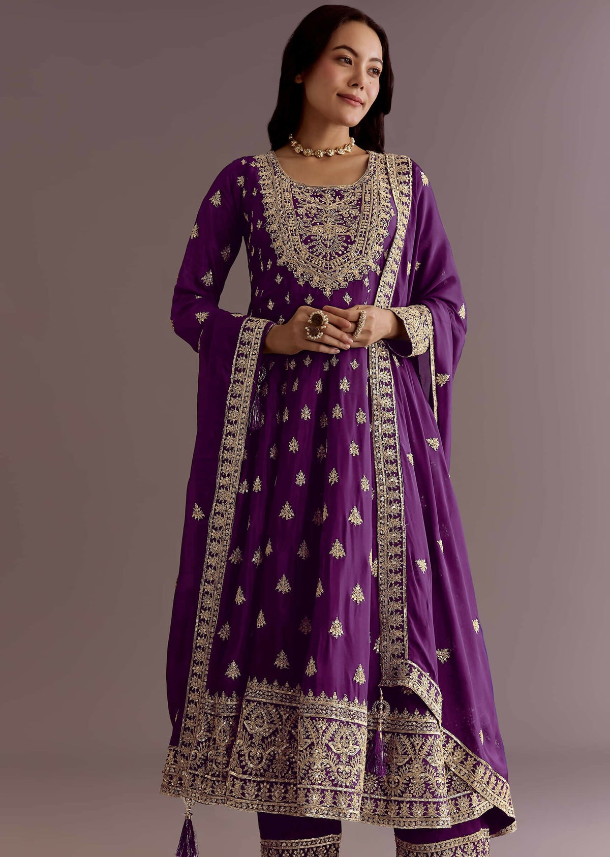 Teeya Creation Wine Color Chinon Silk Embroidery Work Wedding Wear Gown | Grocsy