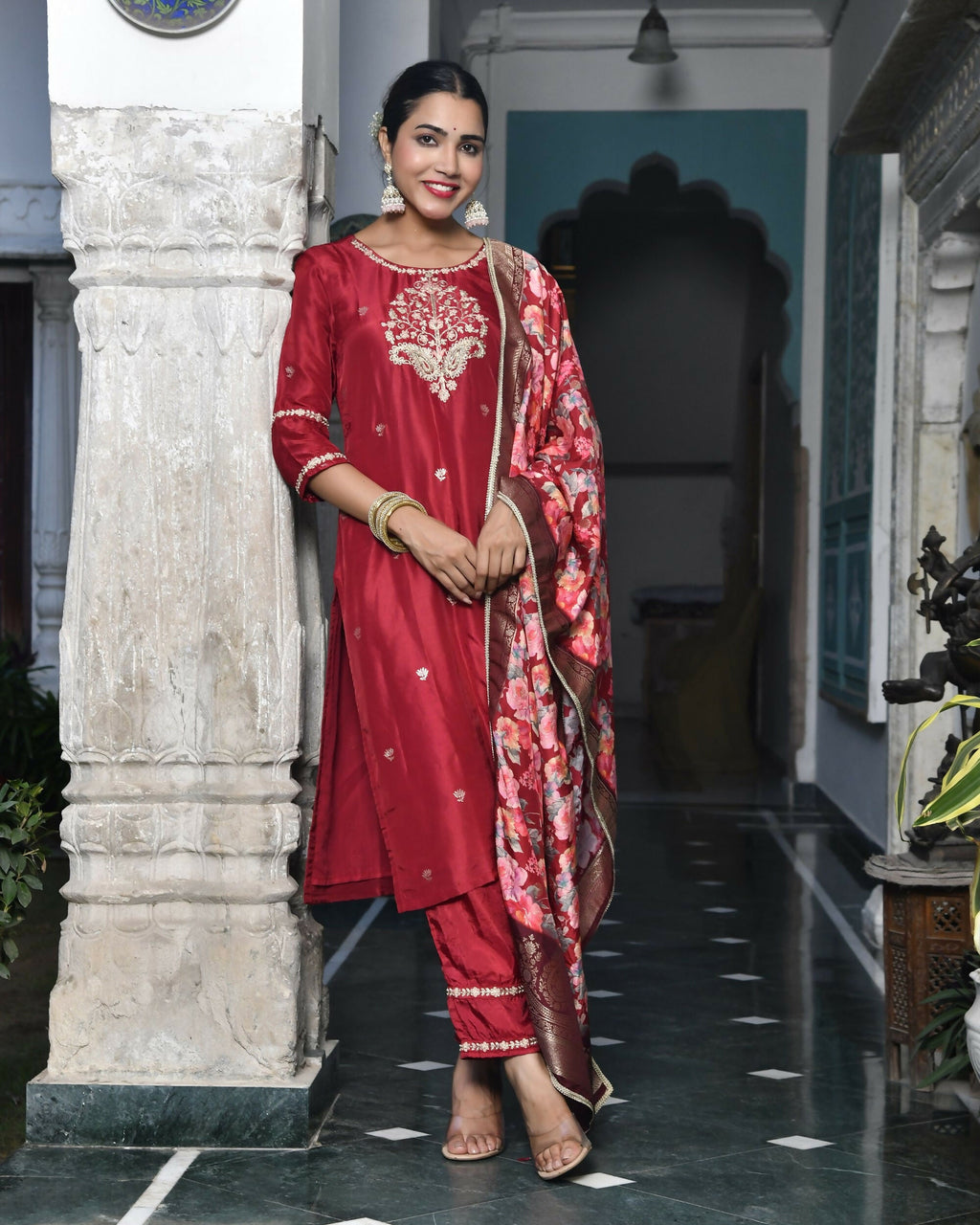 Vaasva Women's Silk Emboidered Solid Pant Set & Digital Printed Dupatta | Grocsy