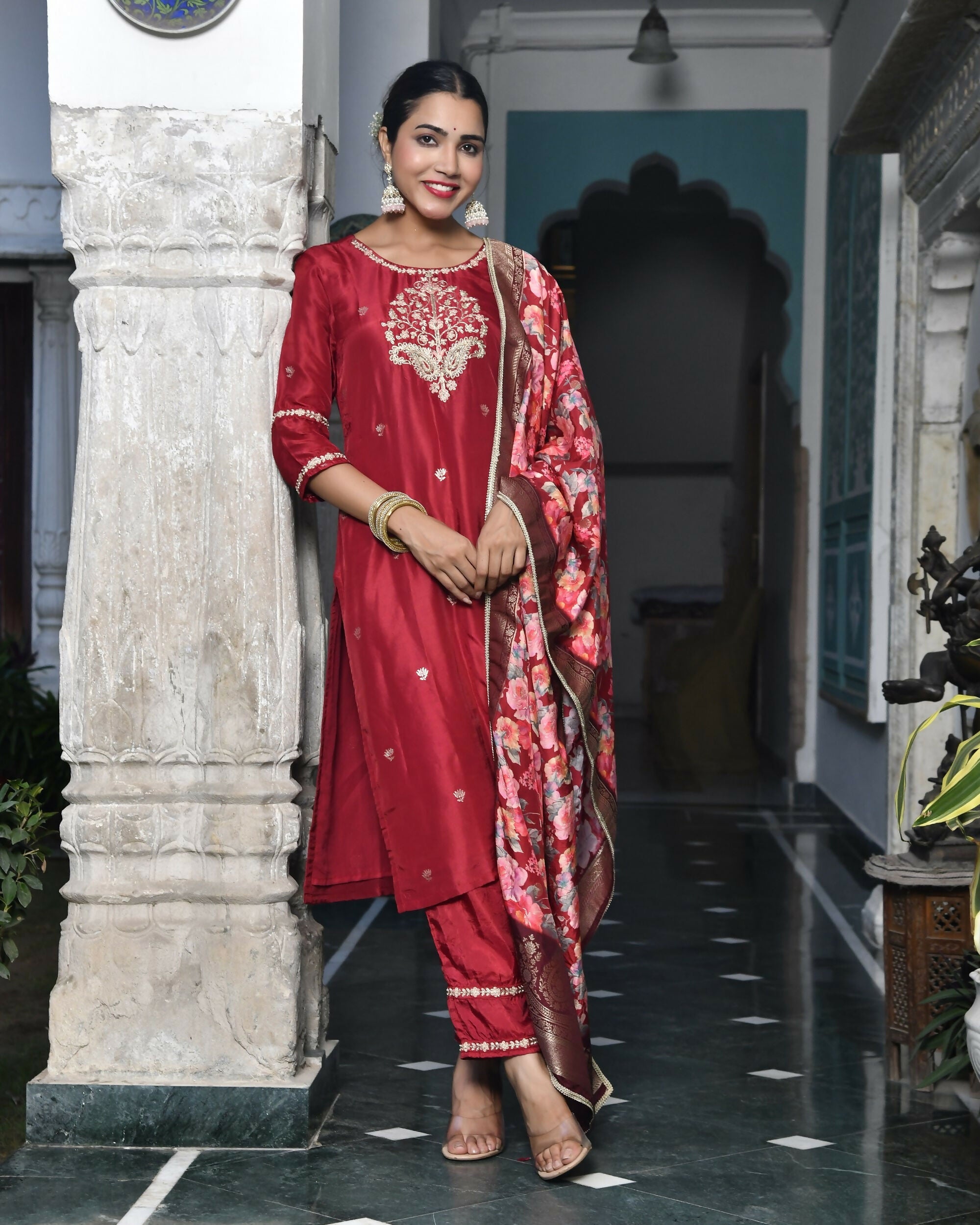 Vaasva Women's Silk Emboidered Solid Pant Set & Digital Printed Dupatta | Grocsy