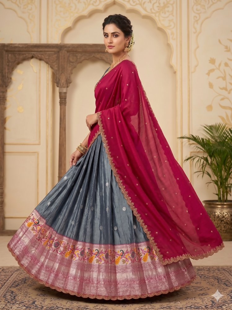 Teeya Creation Graceful Grey Ethnic Set Paired with Magenta Pink Scalloped Border Dupatta | Grocsy