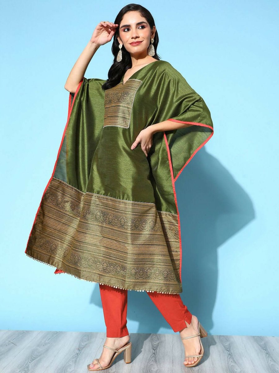 Ahalyaa Women Mehendi Poly Silk Gold Printed Kaftan Kurta | Grocsy
