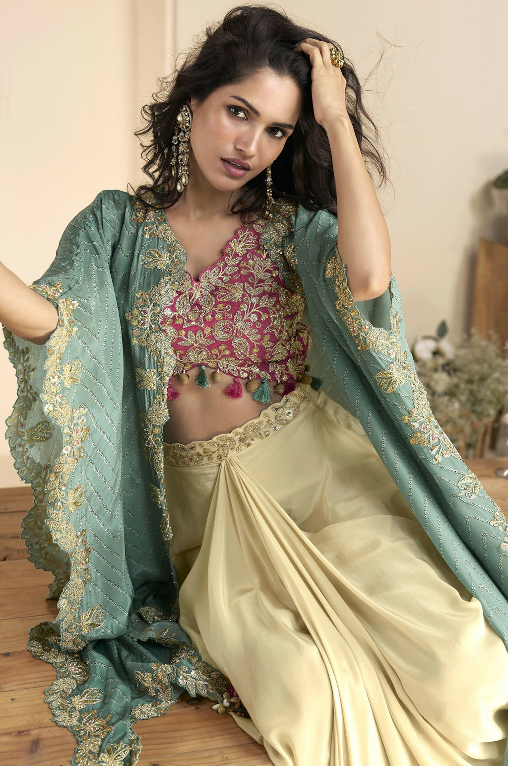 Anaita Maroon Chinon Readymade Shrug Suit with Embroidery Sequence Work | Grocsy