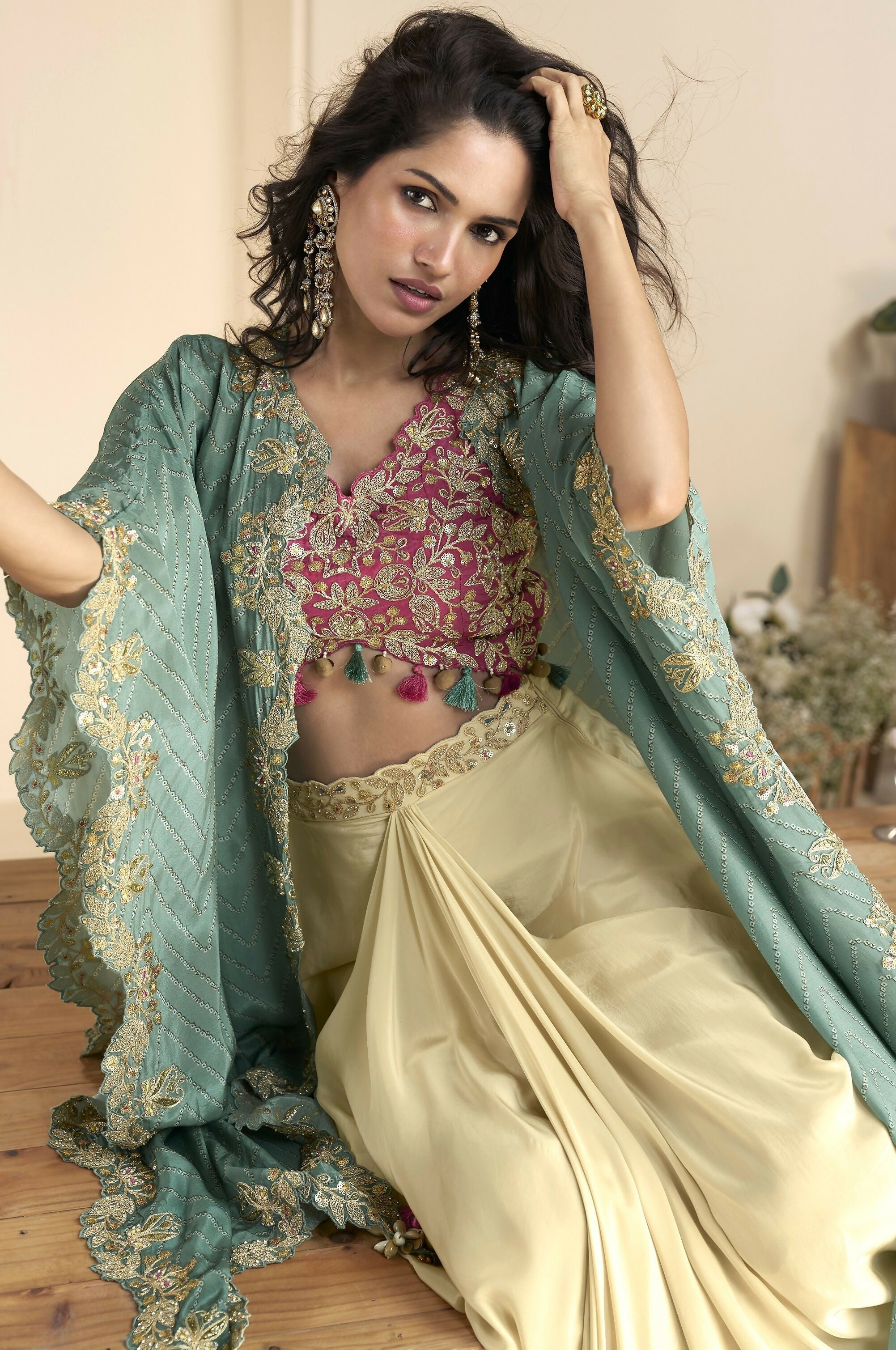 Anaita Maroon Chinon Readymade Shrug Suit with Embroidery Sequence Work | Grocsy