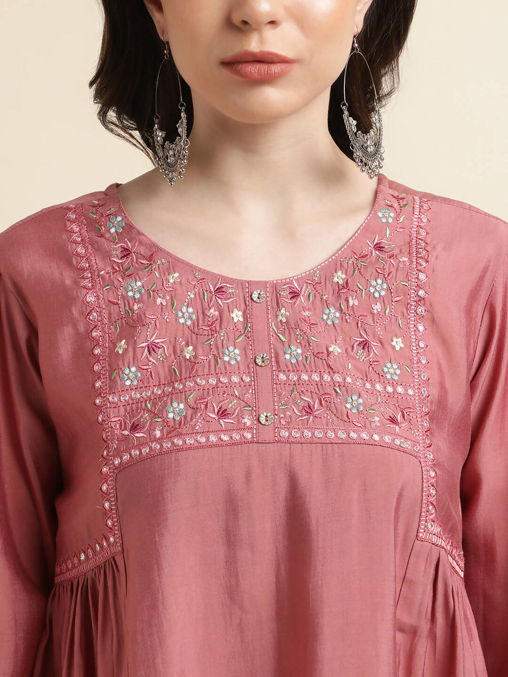 Pink Chinon Yoke Embroidered A-line Top - Tarini | Grocsy