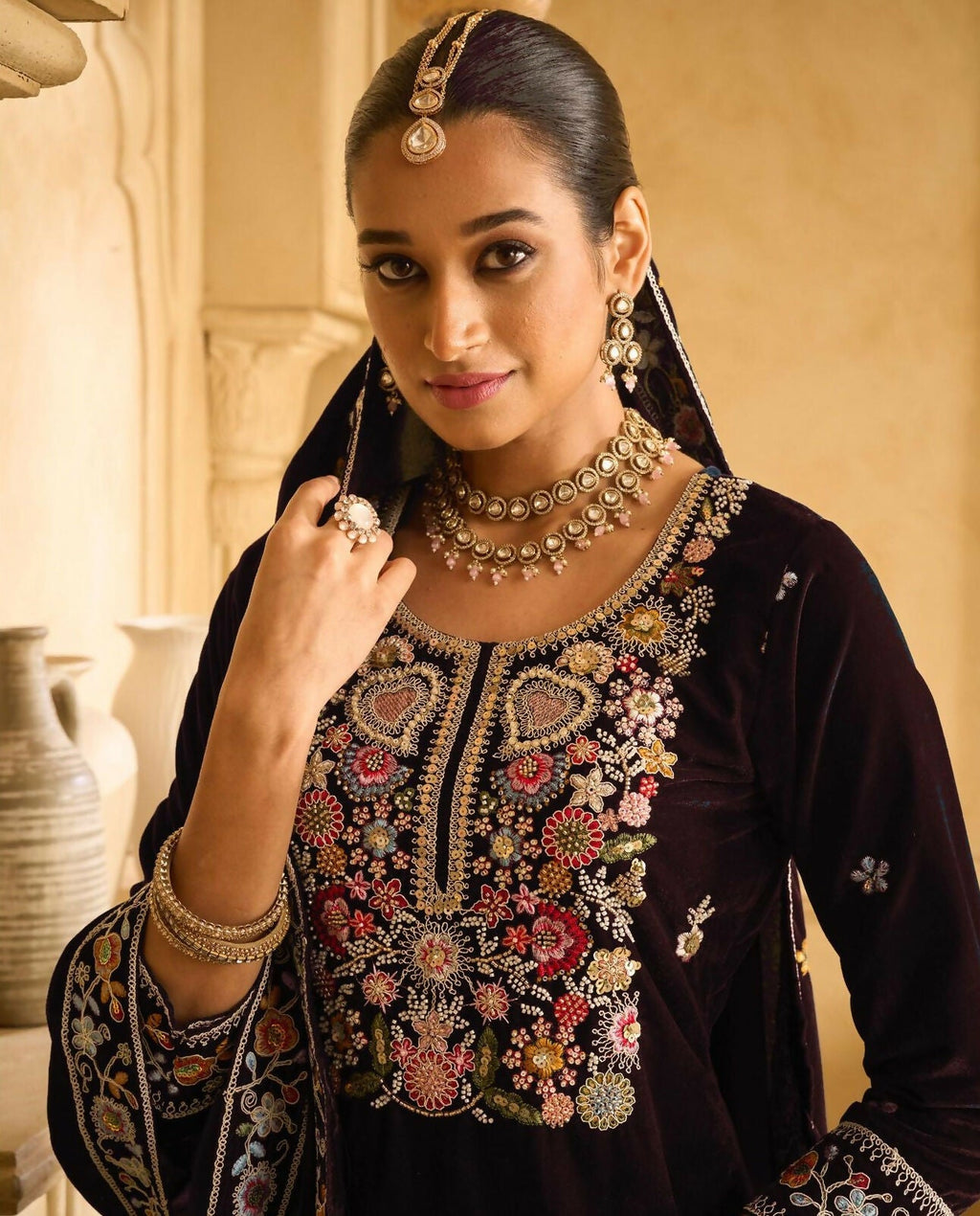 Anaita Maroon Embroidered Velvet Stitched Plazo Suit | Grocsy