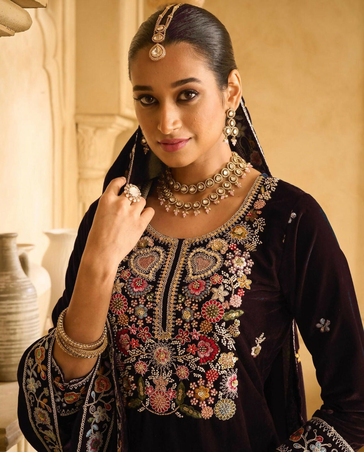 Anaita Maroon Embroidered Velvet Stitched Plazo Suit | Grocsy