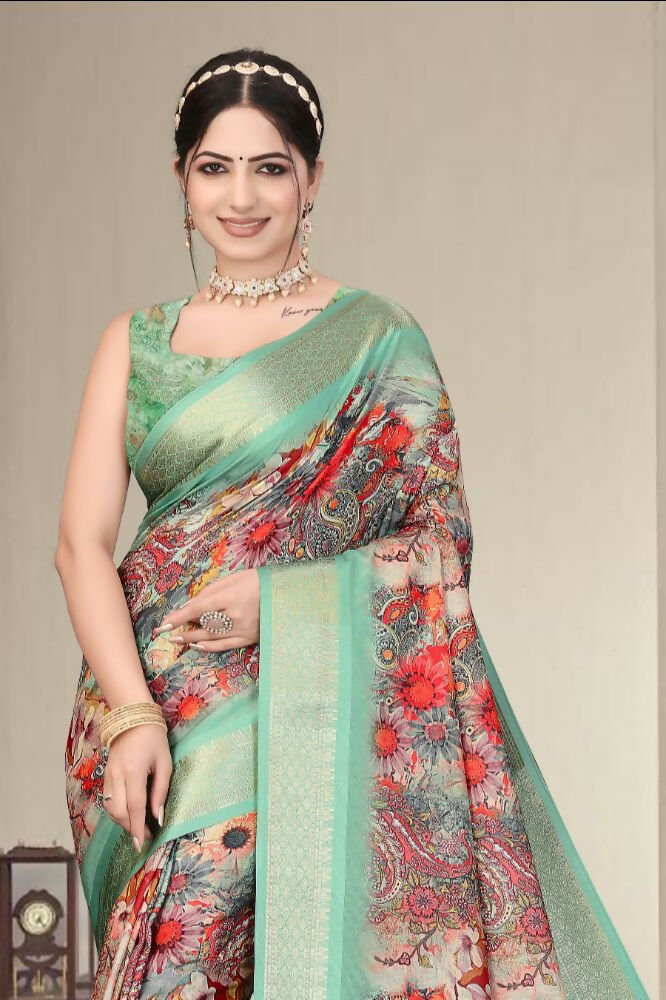 PR Fashion Multi Heavy Rich Cotton Silk Digital Print & Jacquard Saree | Grocsy