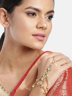 Traditional Gold-Polished Kundan Pearl Hath Phool/Punja/Adjustable Chain Bracelet with Ring for Women - Wahe Jewels - Swadesiicart