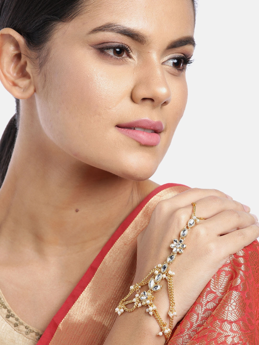 Traditional Gold-Polished Kundan Pearl Hath Phool/Punja/Adjustable Chain Bracelet with Ring for Women - Wahe Jewels - Swadesiicart