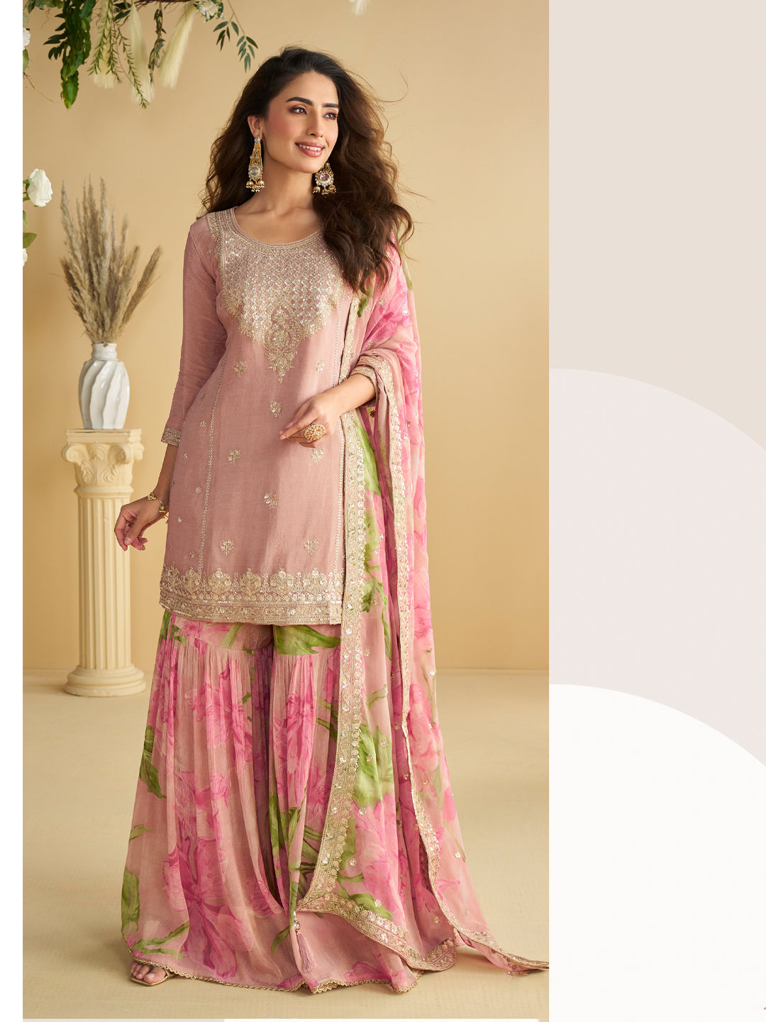 Evanik Women Pink Chinon Silk Zari Embroidered Sequins Sharara Suit | Grocsy