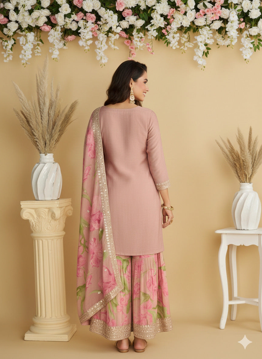 Evanik Women Pink Chinon Silk Zari Embroidered Sequins Sharara Suit | Grocsy