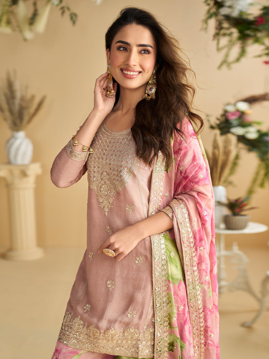 Evanik Women Pink Chinon Silk Zari Embroidered Sequins Sharara Suit | Grocsy