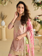 Evanik Women Pink Chinon Silk Zari Embroidered Sequins Sharara Suit | Grocsy