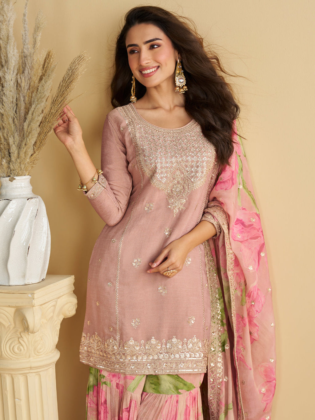 Evanik Women Pink Chinon Silk Zari Embroidered Sequins Sharara Suit | Grocsy