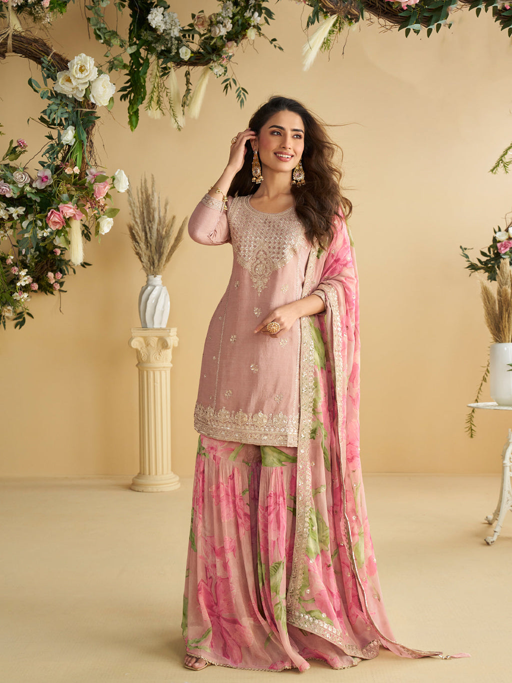 Evanik Women Pink Chinon Silk Zari Embroidered Sequins Sharara Suit | Grocsy