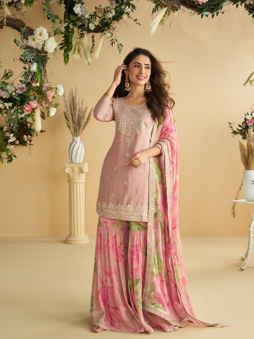 Evanik Women Pink Chinon Silk Zari Embroidered Sequins Sharara Suit | Grocsy