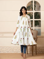 Yufta Pink & White Cotton Floral Print Aline Kurta | Grocsy