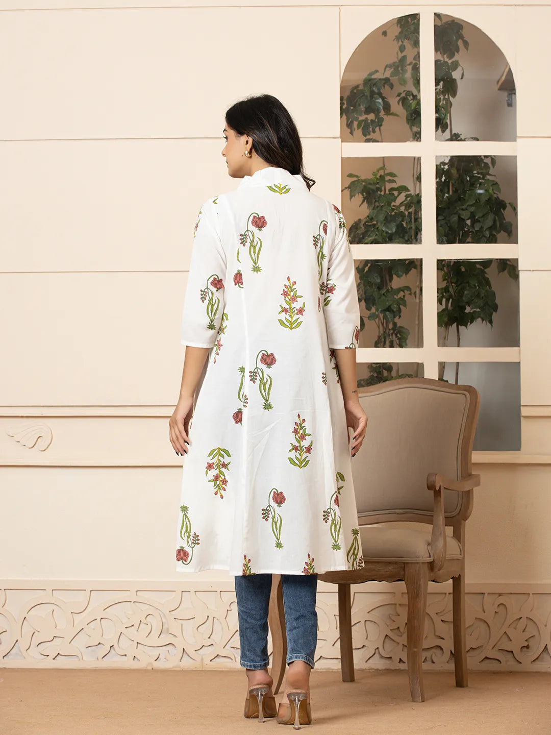 Yufta Pink & White Cotton Floral Print Aline Kurta | Grocsy