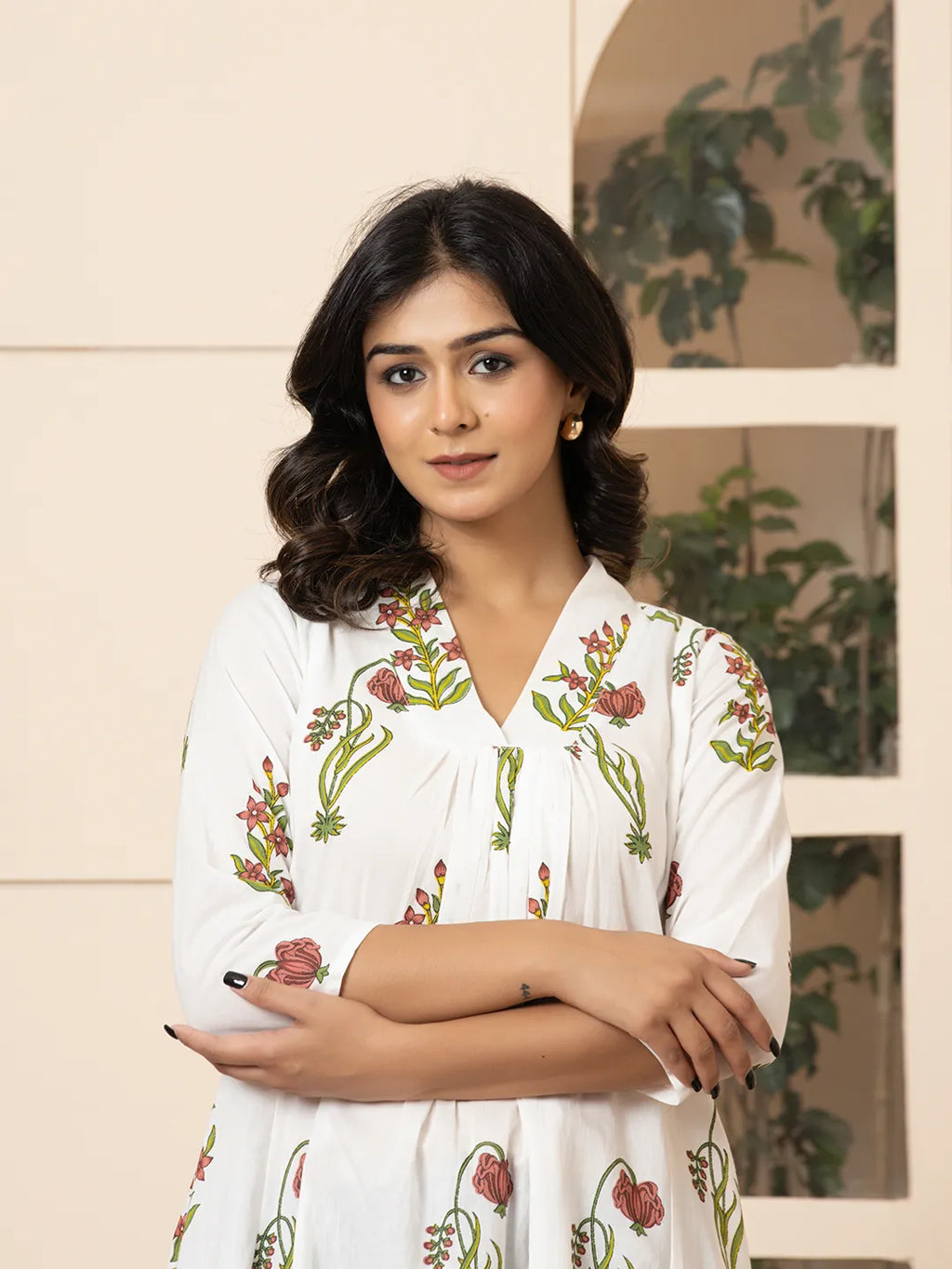 Yufta Pink & White Cotton Floral Print Aline Kurta | Grocsy