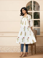Yufta Pink & White Cotton Floral Print Aline Kurta | Grocsy