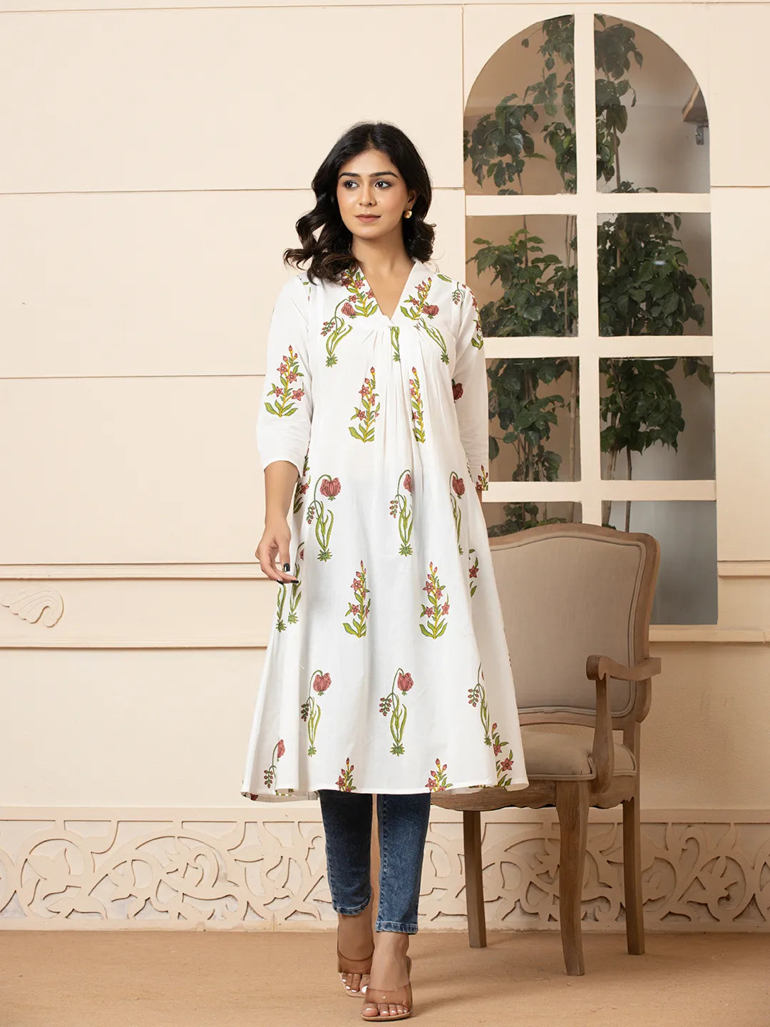 Yufta Pink & White Cotton Floral Print Aline Kurta | Grocsy