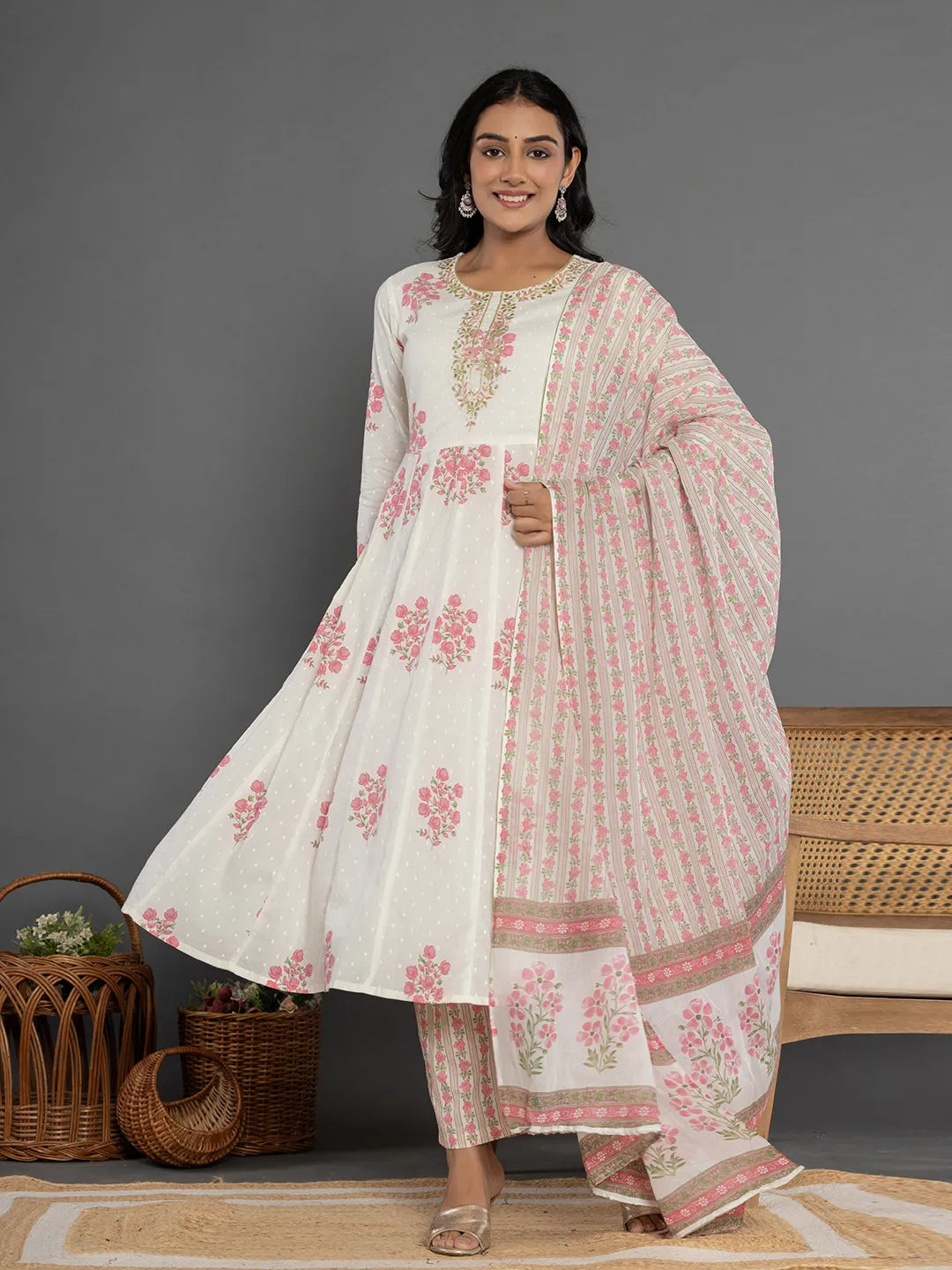 Yufta Pink & White Gota_Patti Cotton Anarkali Kurta Dupatta Pant Set | Grocsy