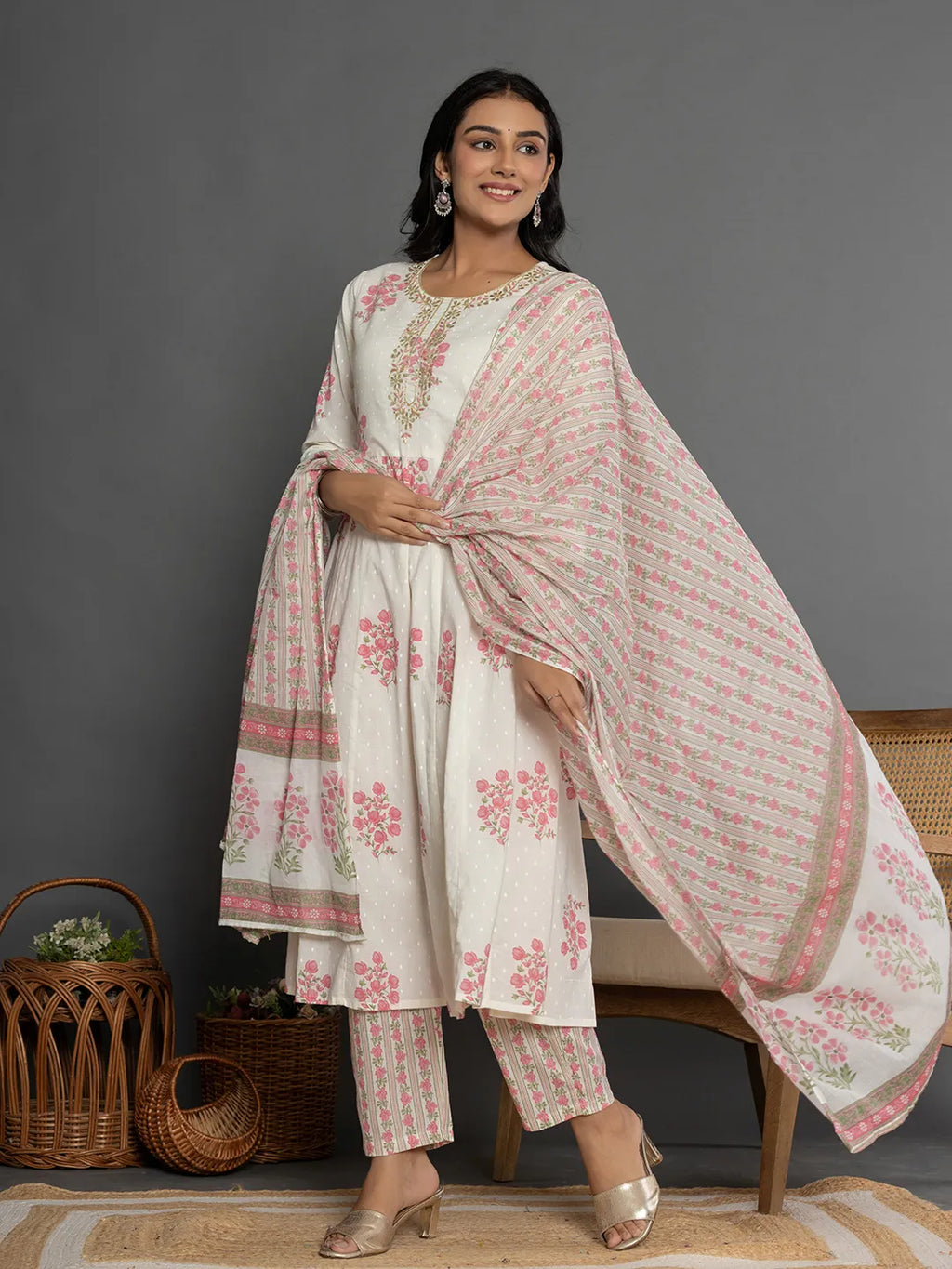 Yufta Pink & White Gota_Patti Cotton Anarkali Kurta Dupatta Pant Set | Grocsy