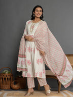 Yufta Pink & White Gota_Patti Cotton Anarkali Kurta Dupatta Pant Set | Grocsy