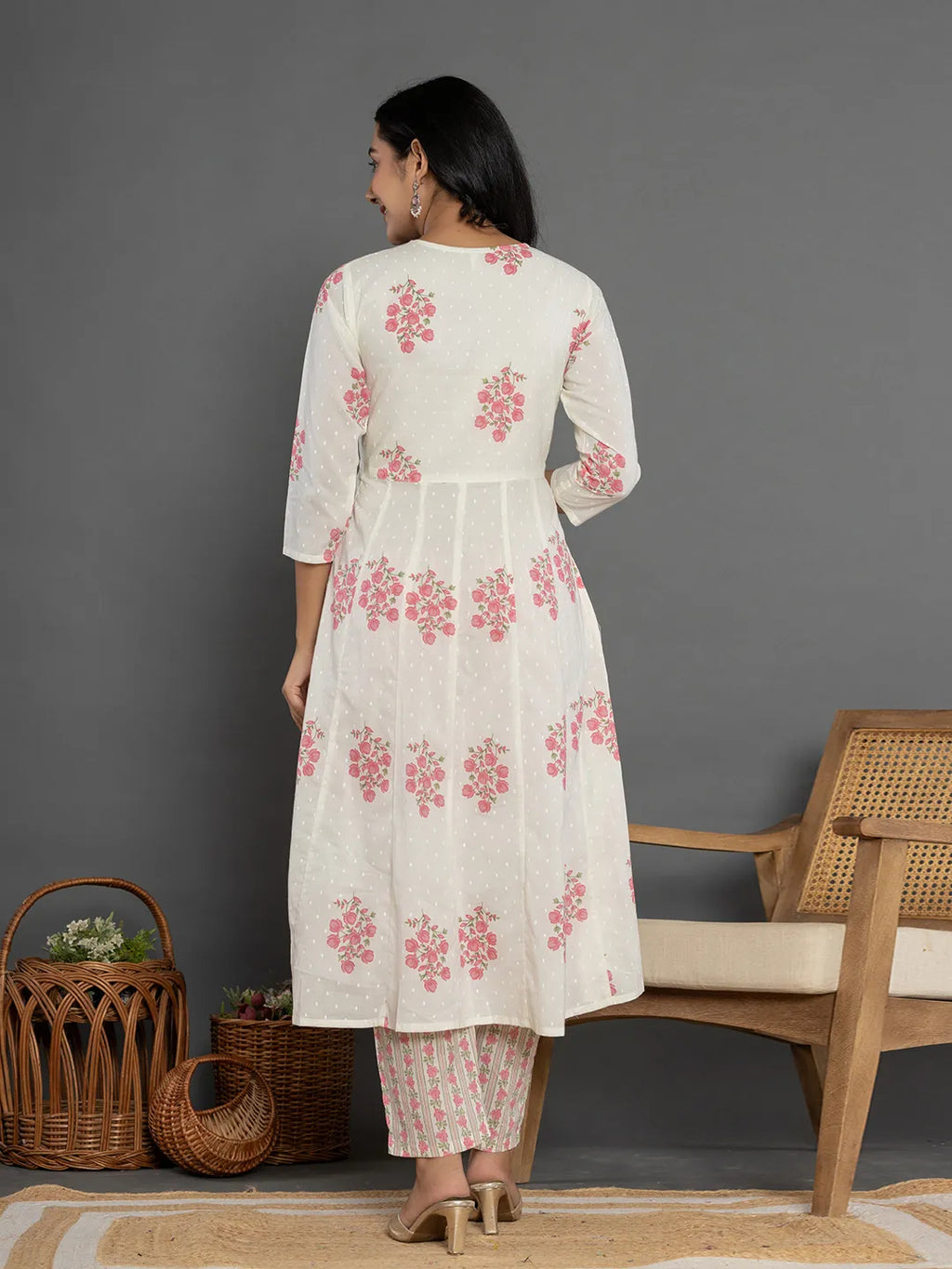 Yufta Pink & White Gota_Patti Cotton Anarkali Kurta Dupatta Pant Set | Grocsy