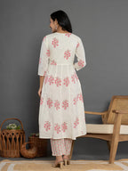 Yufta Pink & White Gota_Patti Cotton Anarkali Kurta Dupatta Pant Set | Grocsy