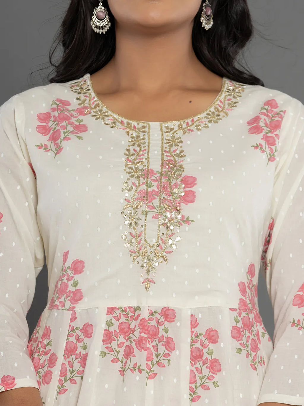 Yufta Pink & White Gota_Patti Cotton Anarkali Kurta Dupatta Pant Set | Grocsy