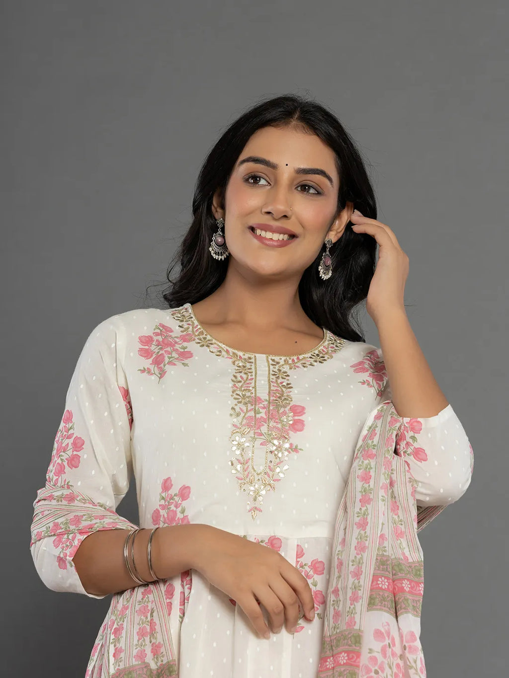 Yufta Pink & White Gota_Patti Cotton Anarkali Kurta Dupatta Pant Set | Grocsy