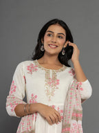Yufta Pink & White Gota_Patti Cotton Anarkali Kurta Dupatta Pant Set | Grocsy