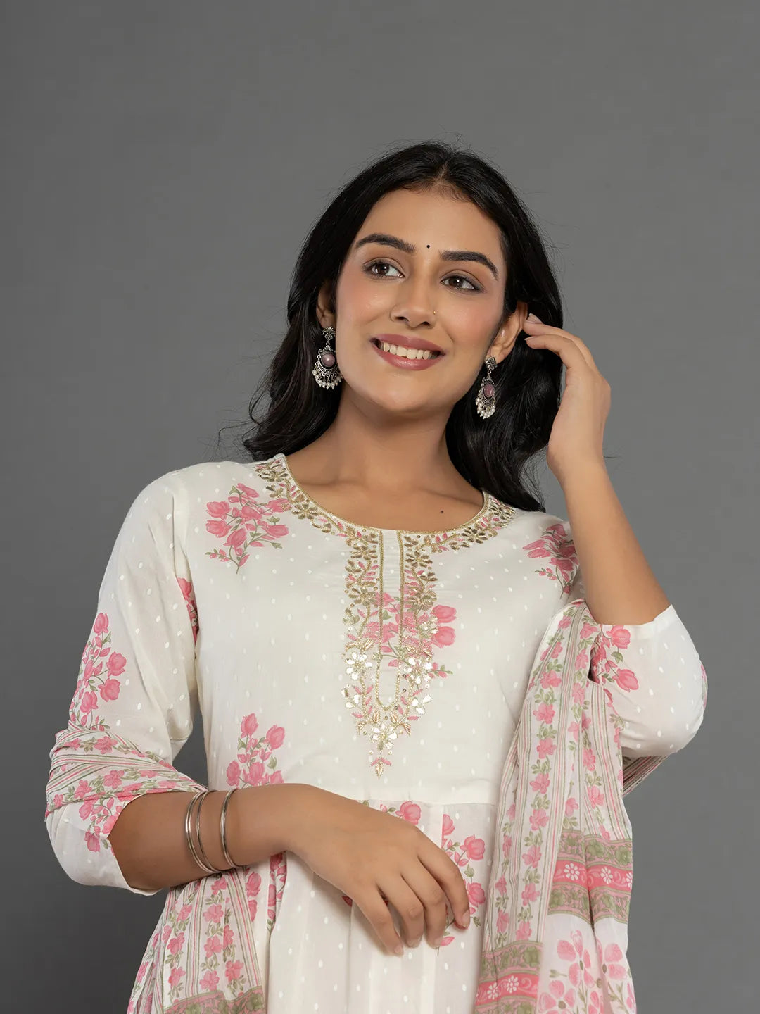 Yufta Pink & White Gota_Patti Cotton Anarkali Kurta Dupatta Pant Set | Grocsy