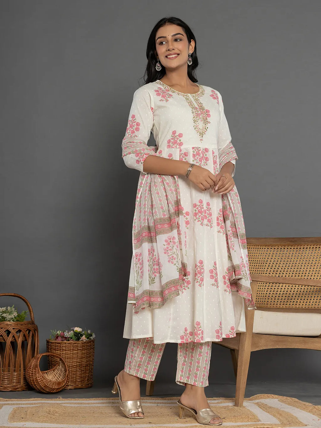 Yufta Pink & White Gota_Patti Cotton Anarkali Kurta Dupatta Pant Set | Grocsy