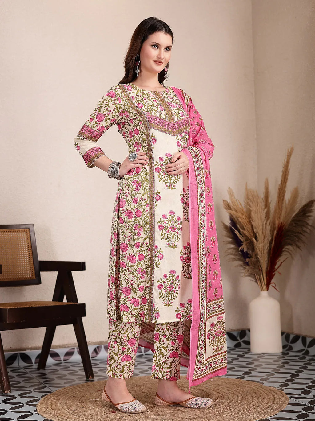 Yufta Pink And Beige Pure Cotton Floral Sequins Work Kurta Dupatta Set | Grocsy