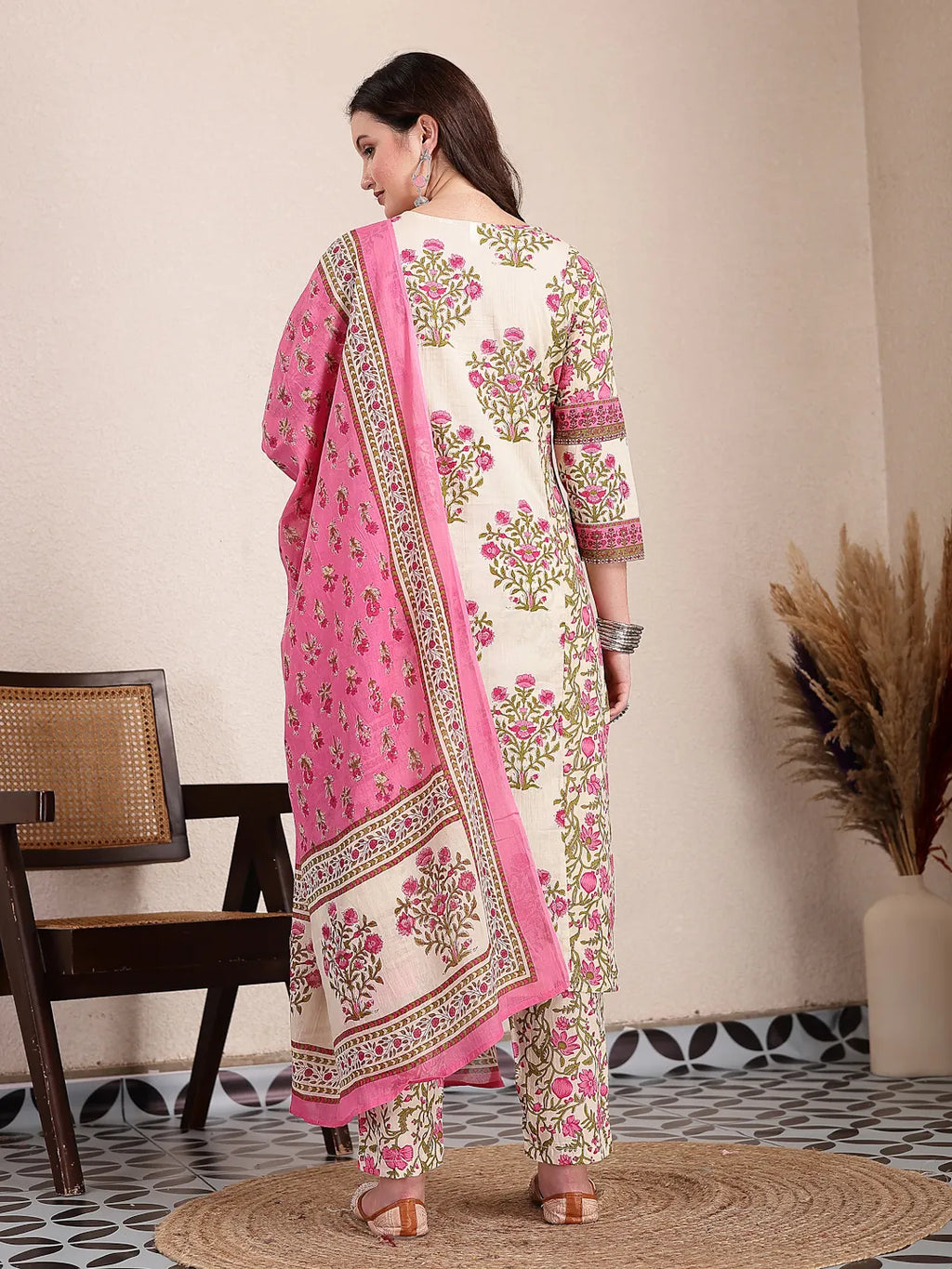 Yufta Pink And Beige Pure Cotton Floral Sequins Work Kurta Dupatta Set | Grocsy