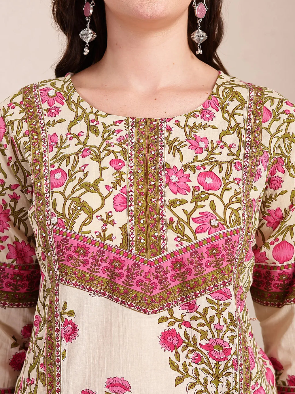 Yufta Pink And Beige Pure Cotton Floral Sequins Work Kurta Dupatta Set | Grocsy
