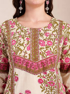 Yufta Pink And Beige Pure Cotton Floral Sequins Work Kurta Dupatta Set | Grocsy