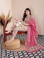 Yufta Pink And Beige Pure Cotton Floral Sequins Work Kurta Dupatta Set | Grocsy