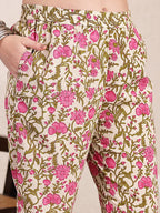 Yufta Pink And Beige Pure Cotton Floral Sequins Work Kurta Dupatta Set | Grocsy