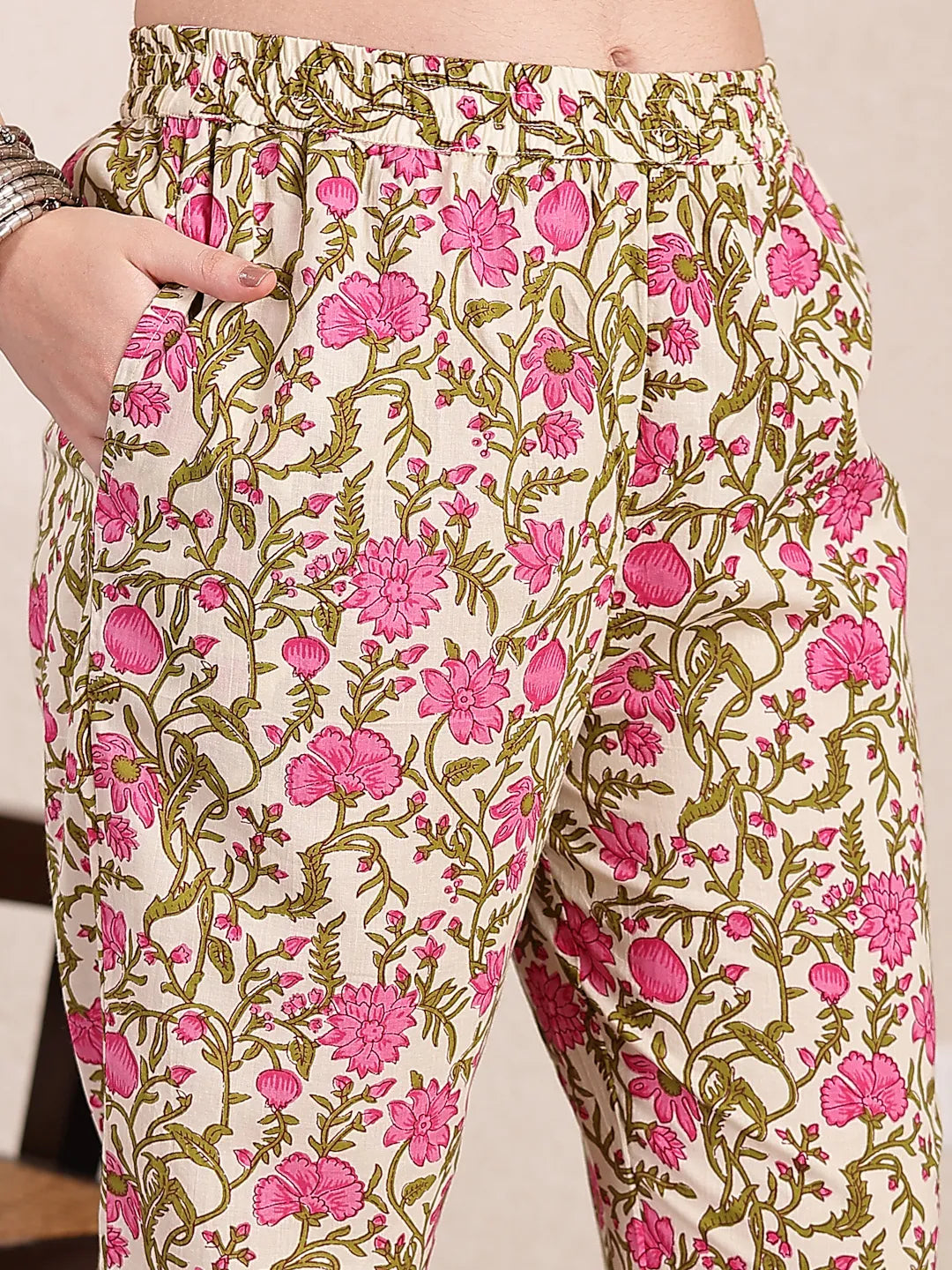 Yufta Pink And Beige Pure Cotton Floral Sequins Work Kurta Dupatta Set | Grocsy